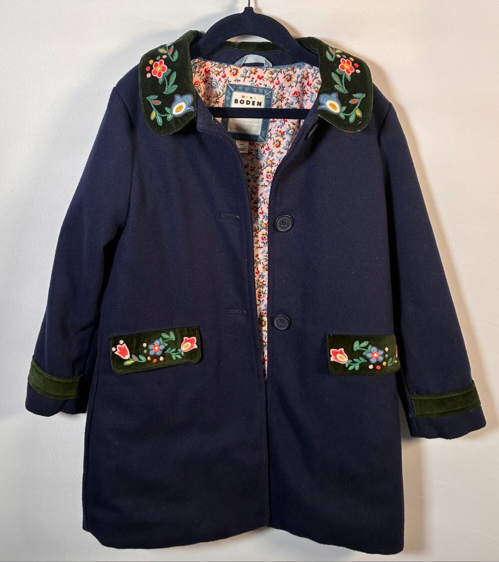 Mini Boden Girls Navy Wonderful Wool Blend Embroidered Coat 5-6Y